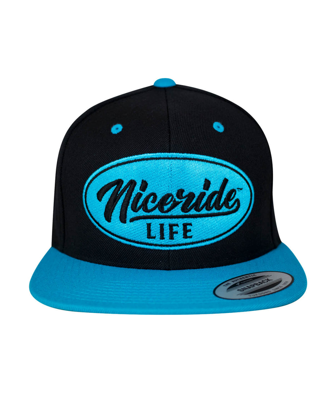NICERIDE Life unisex adjustable snapback hat with black and blue color scheme, stylish and comfortable headwear.