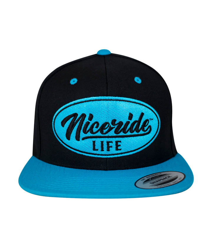 NICERIDE Life unisex adjustable snapback hat with black and blue color scheme, stylish and comfortable headwear.