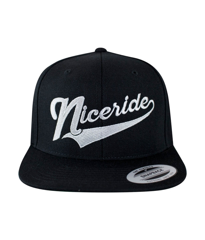 Play Ball Snapback Hat with NICERIDE design in black and white, classic baseball cap for stylish outdoor wear.