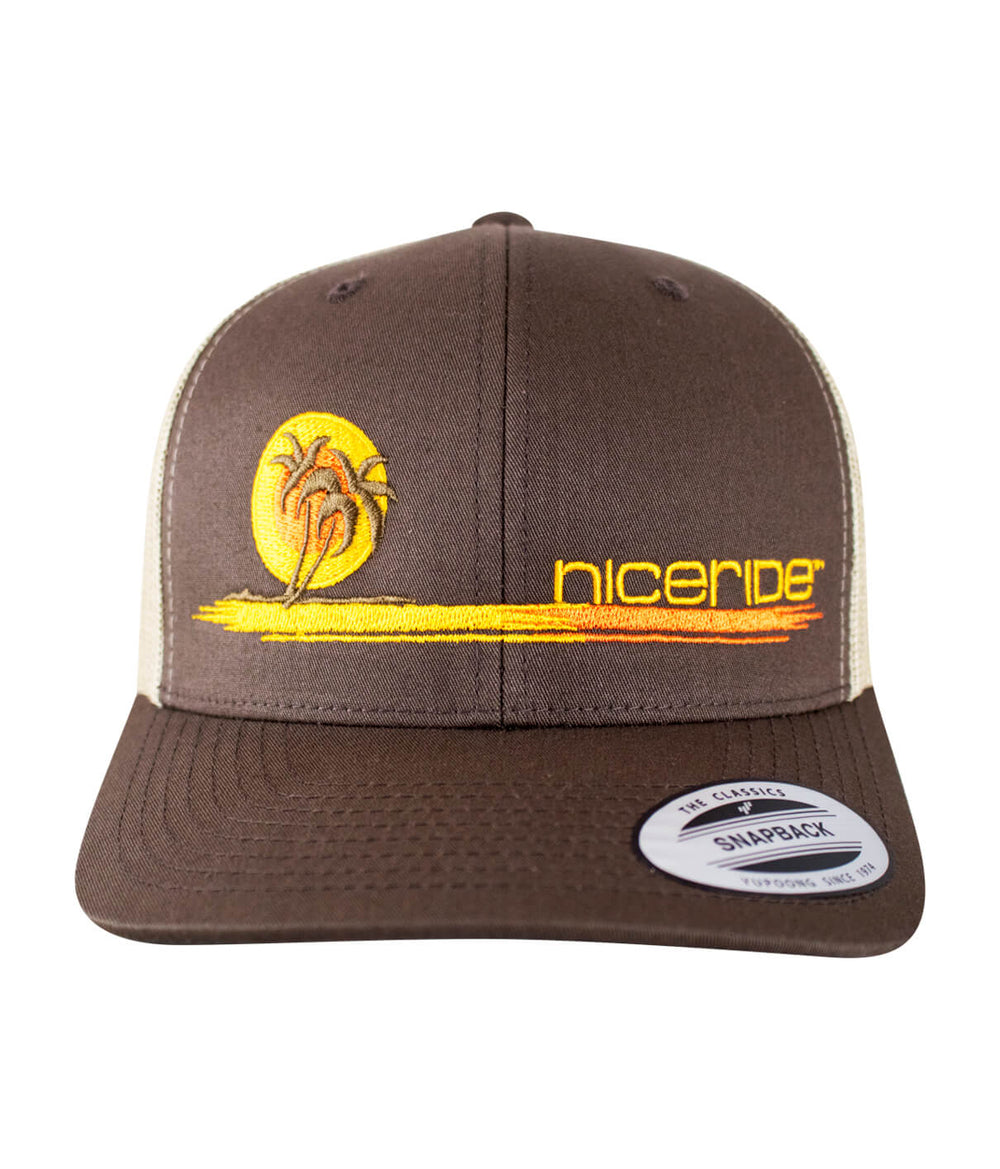 Sunset Retro Trucker Hat by NICERIDE, featuring an embroidered design and classic style, perfect for casual wear.