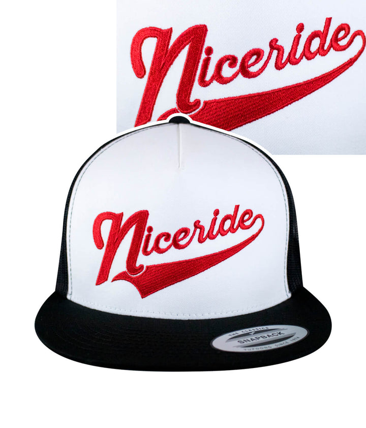 Play Ball Trucker Baseball Cap with NICERIDE embroidery, classic snapback hat design in black and white.