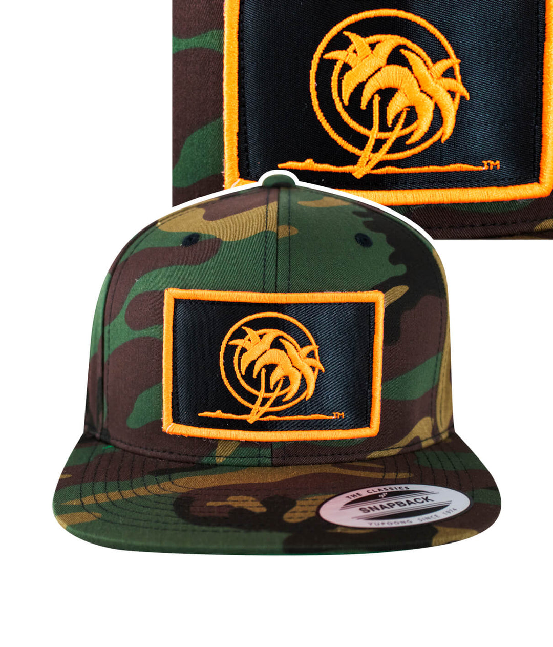 Jungle Fever snapback hat featuring a camo design and NICERIDE's palm patch embroidered on the front.