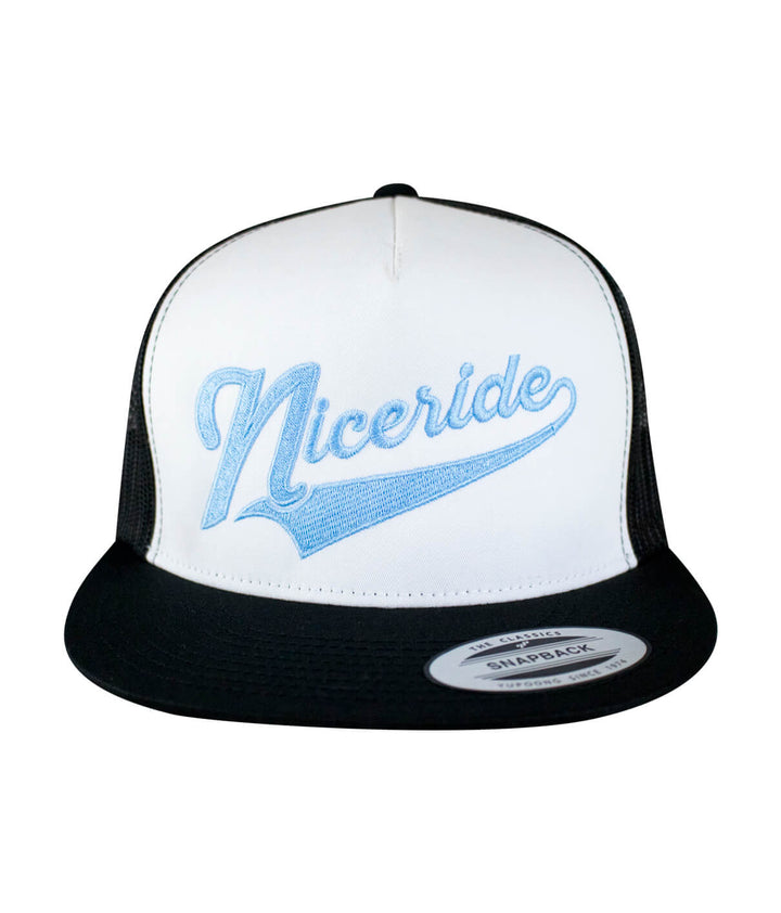 Play Ball Trucker Baseball Cap featuring NICERIDE embroidered design, classic snapback style hat.
