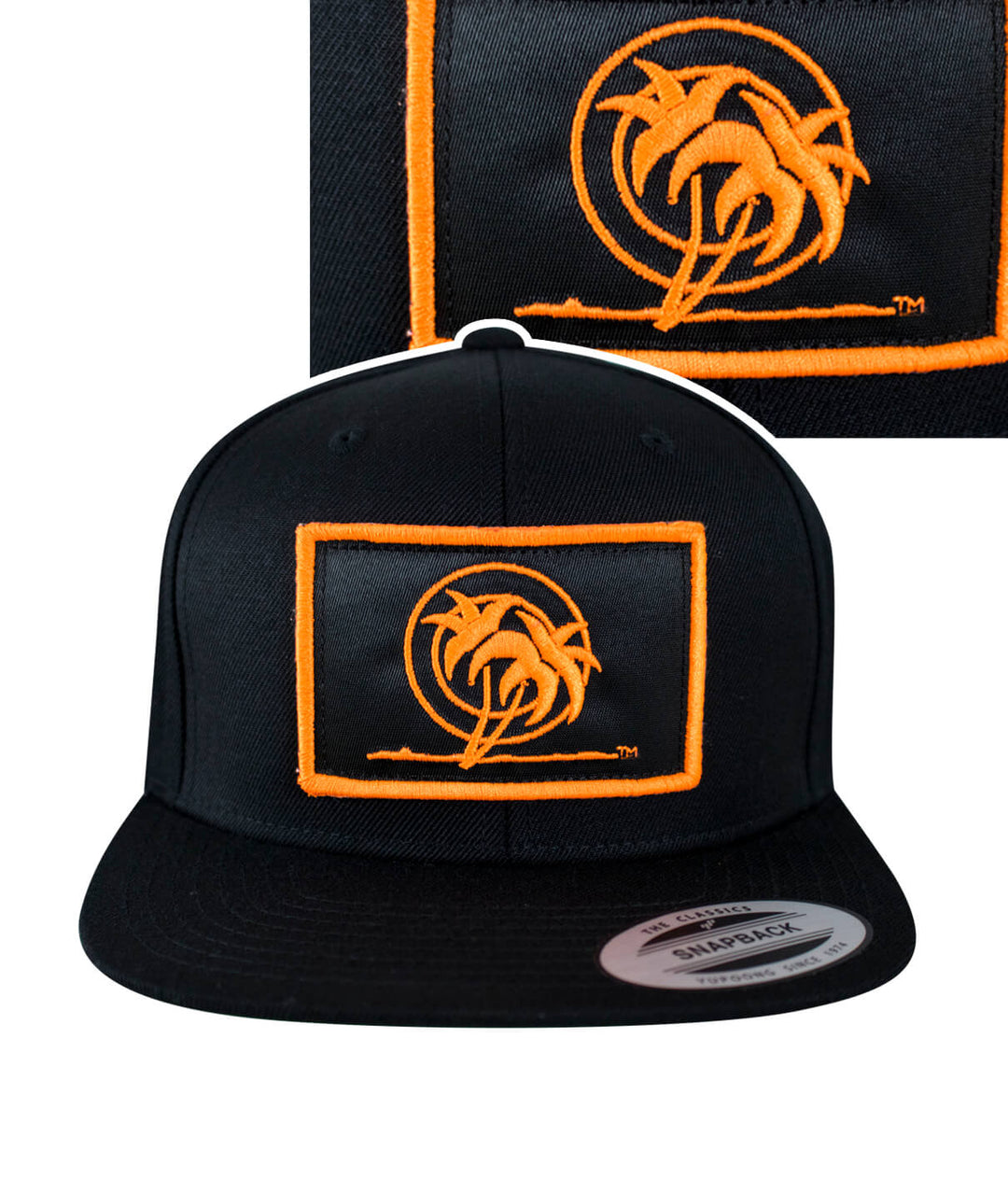 Urban Fever Snapback Hat featuring a black body with an embroidered orange palm patch.