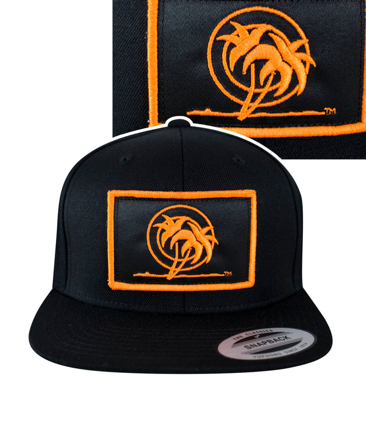 Urban Fever Snapback Hat featuring a black body with an embroidered orange palm patch.