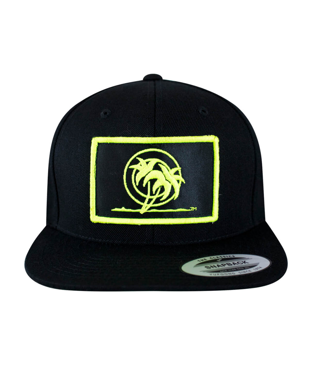Urban Fever snapback hat featuring a black body and bright yellow embroidered palm patch design.