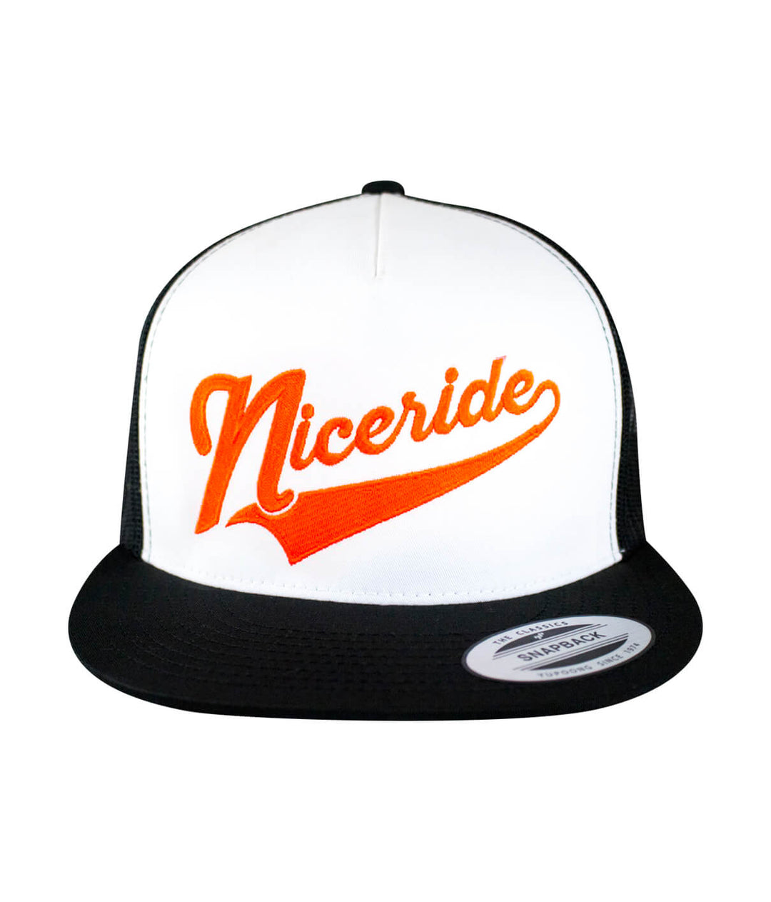 Play Ball Trucker Baseball Cap hat with NICERIDE design in orange and black, classic snapback style.
