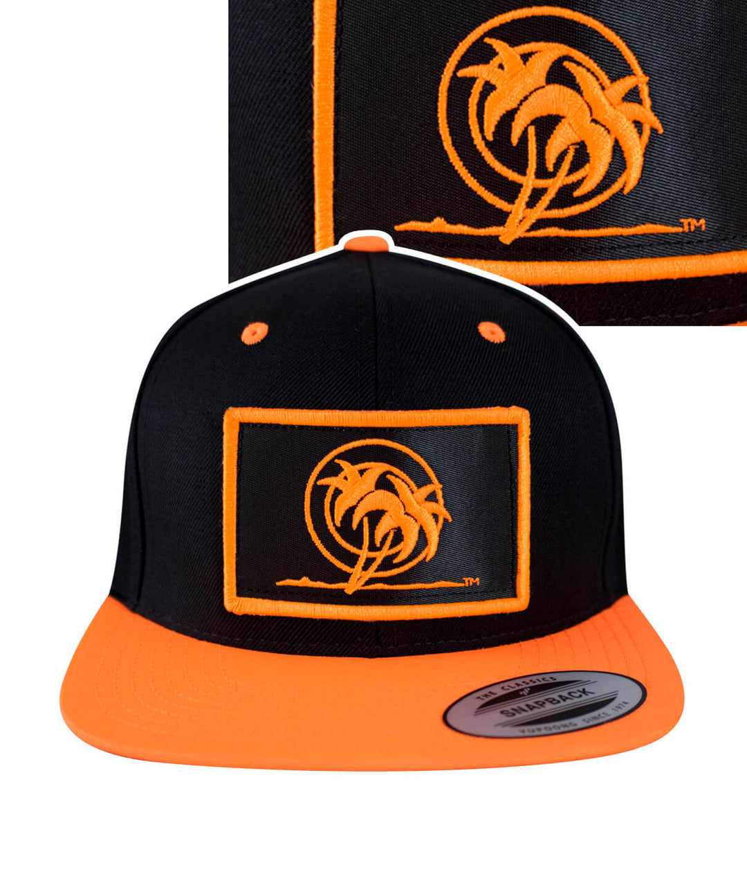 Urban Fever Snapback Hat featuring a black and orange color scheme with palm patch embroidery.
