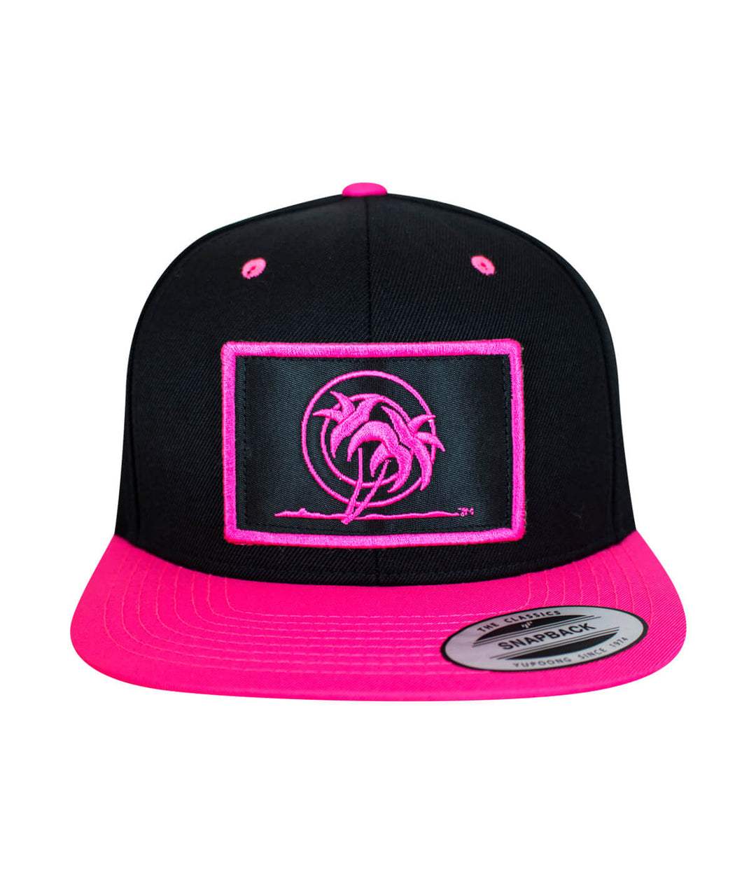 Urban Fever Snapback Hat with pink palm patch embroidery and black body, designed in the USA, unique hat style.