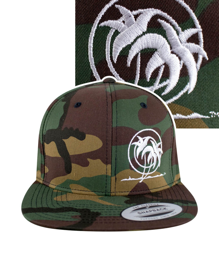 Classic Stencil Palm snapback hat featuring embroidered logo on a camo design, perfect for outdoor enthusiasts.