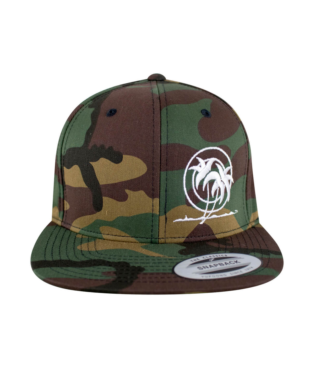 Classic Stencil Palm Snapback hat featuring embroidered logo on a camo design cap.