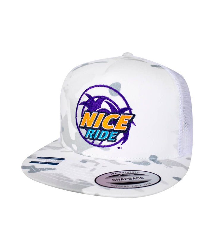 Choo Choo Trucker Hat featuring NICE RIDE logo, classic snapback style, and unique camouflage design.