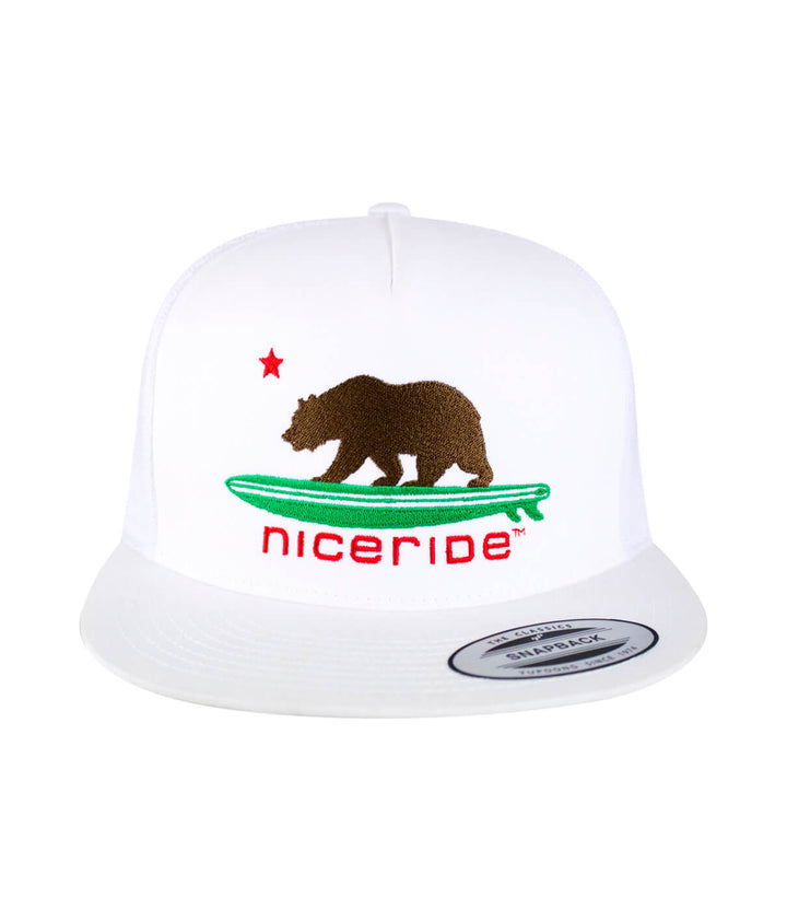Hang 20 Trucker Hat featuring NICERIDE design, embroidered California bear, and palm logo, perfect hat for outdoor adventures.