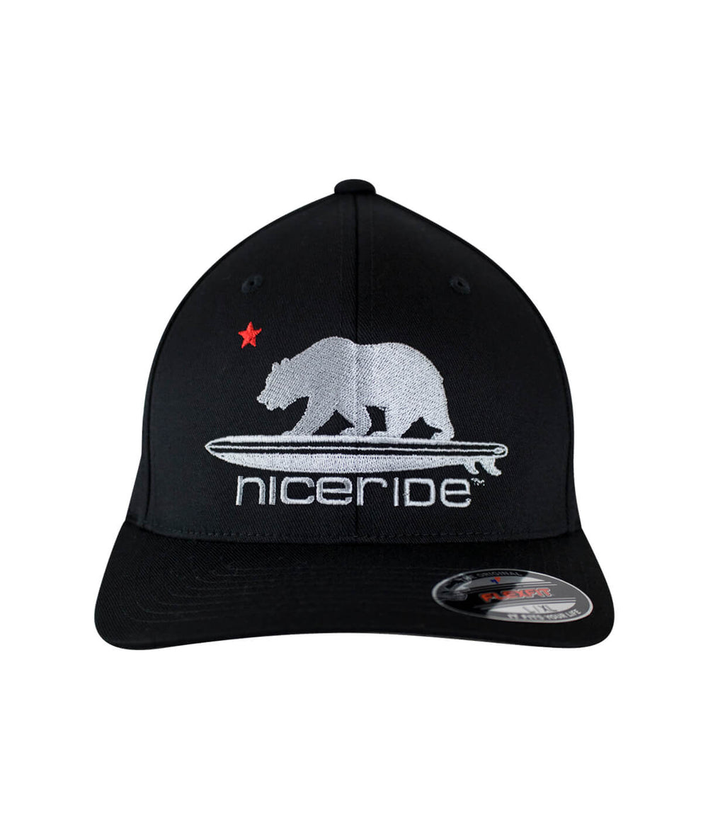 Hang 20 Classic Flexfit Hat featuring NICERIDE's embroidered bear and palm logo on a black cap.