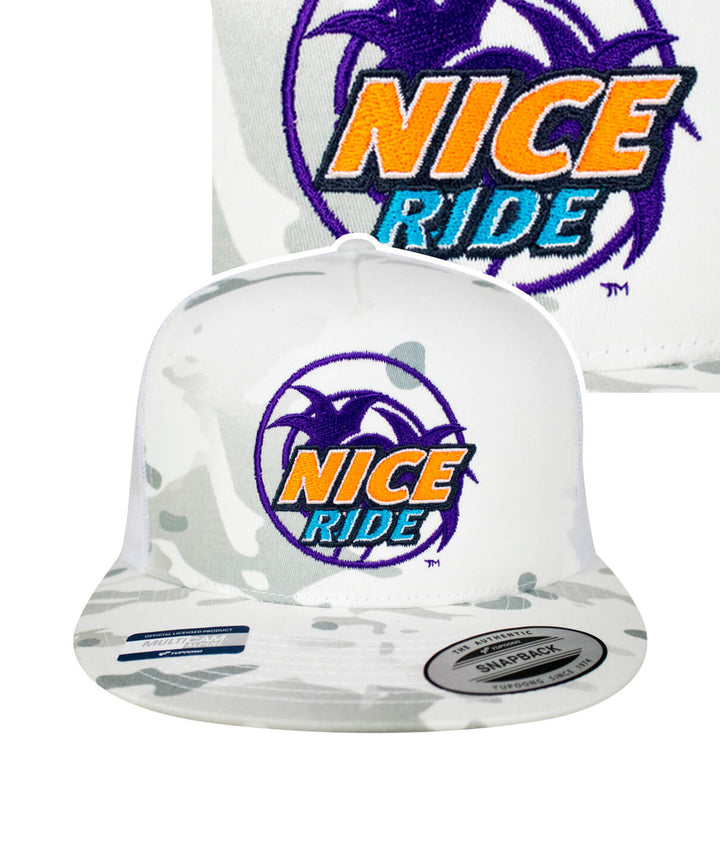 Choo Choo Trucker Hat featuring NICERIDE design and palm logo, classic snapback style for hat enthusiasts.