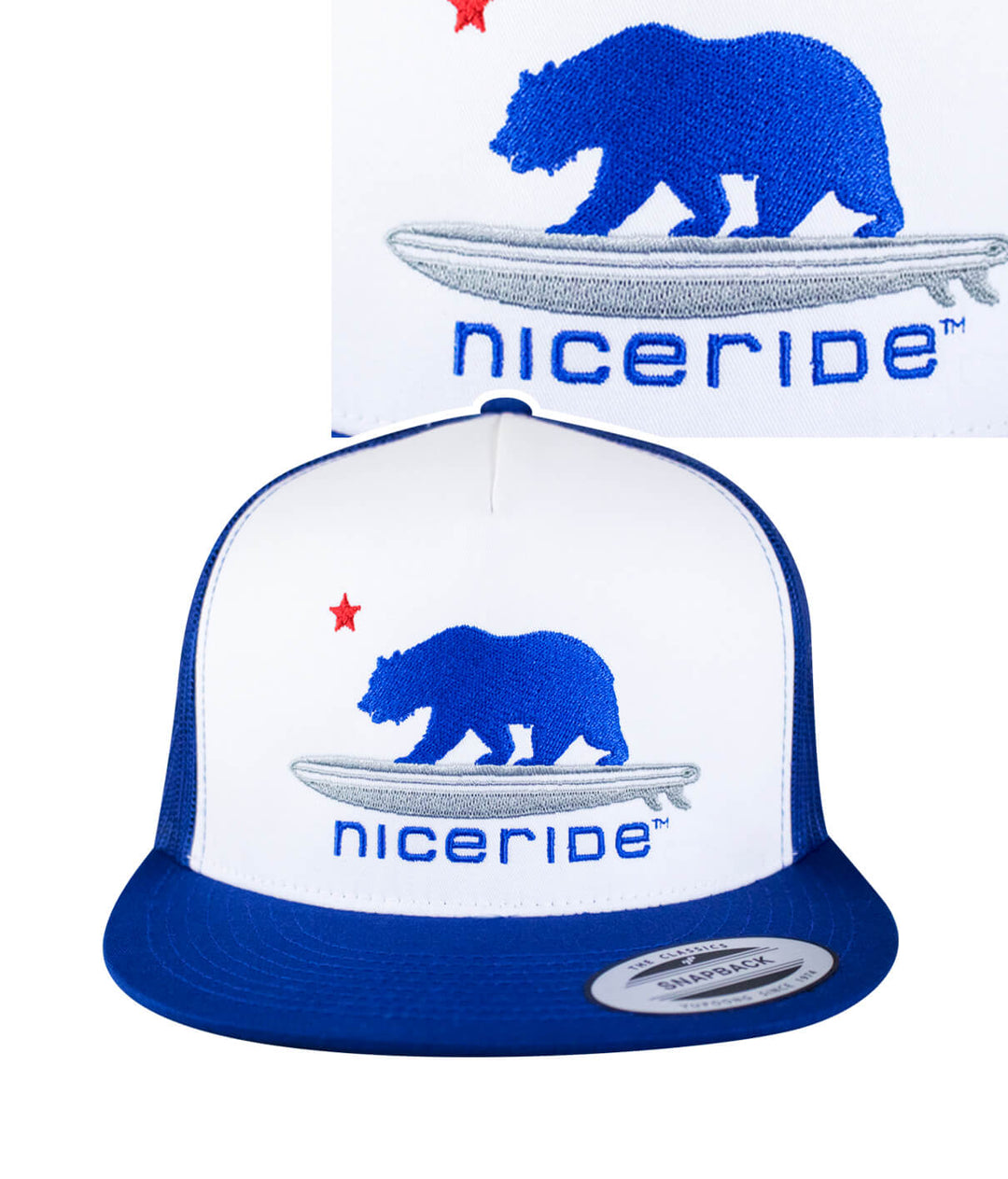 Hang 20 Trucker Hat showcasing NICERIDE bear design embroidered on front panel, perfect hat for outdoor enthusiasts.