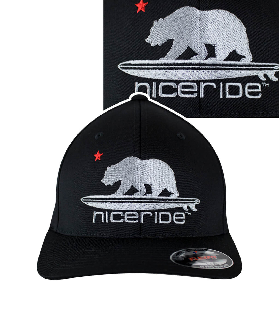 Hang 20 Classic Flexfit Hat featuring NICERIDE's bear logo and palm design, ideal baseball cap.