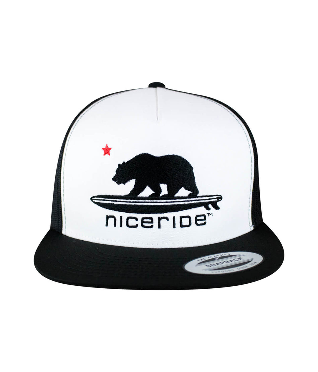 Hang 20 Trucker Hat from NICERIDE, classic snapback hat with bear design and star.