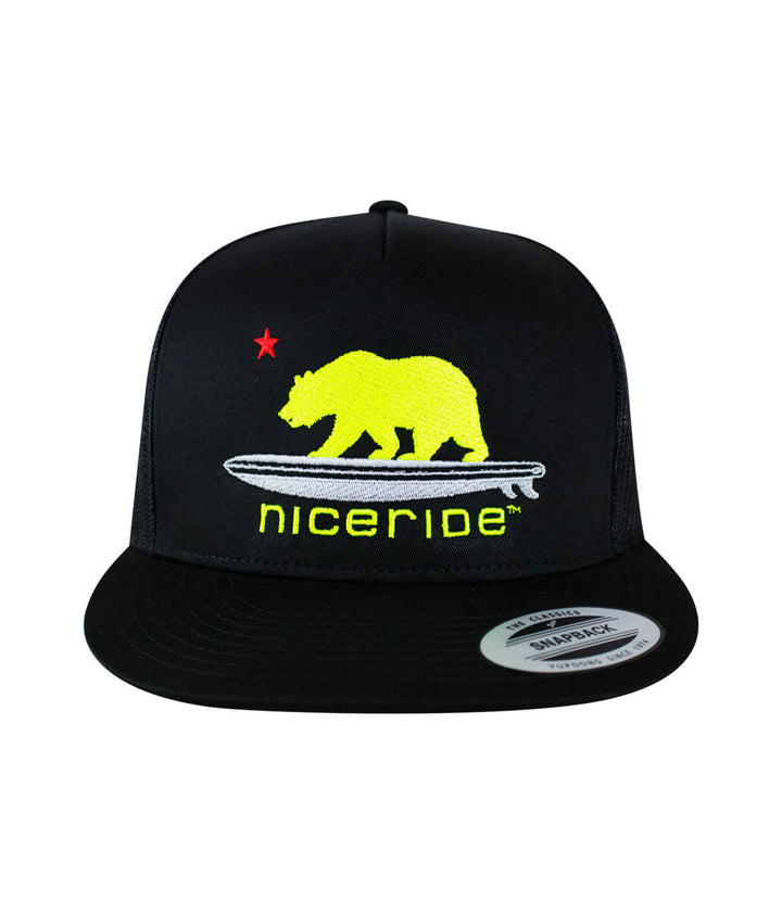 NICERIDE hat featuring a yellow bear design on a black snapback cap with a flat brim.