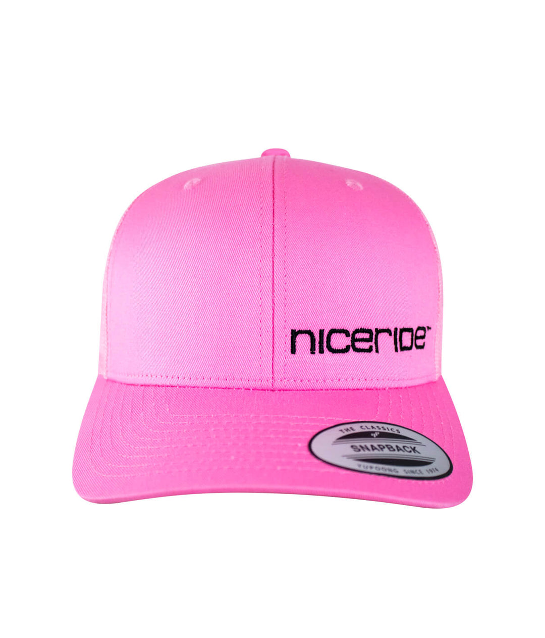 Pink Retro Trucker Hat with NICERIDE logo, classic design, perfect for casual wear. Stylish hat for all occasions.