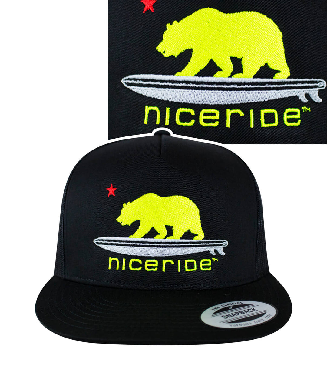 Hang 20 trucker hat with embroidered bear design from NICERIDE, featuring a classic snapback style.