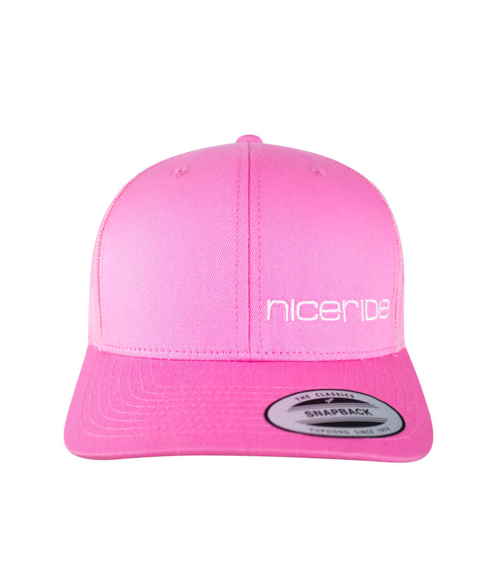 Pink Retro Trucker Hat by NICERIDE, featuring "Tower" logo, classic hat design.