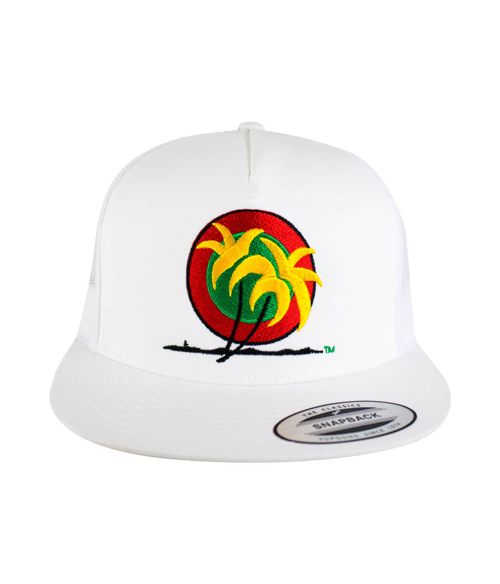 Island Breeze Trucker Hat featuring NICERIDE's palm logo in rasta colors, perfect summer hat.