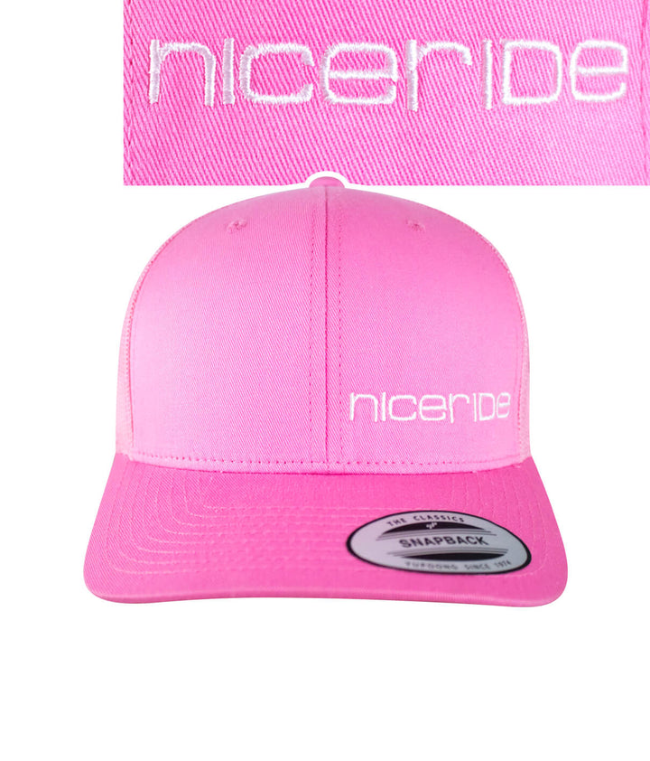 Tower pink retro trucker hat with NICERIDE logo embroidered on the front, perfect for stylish headwear.