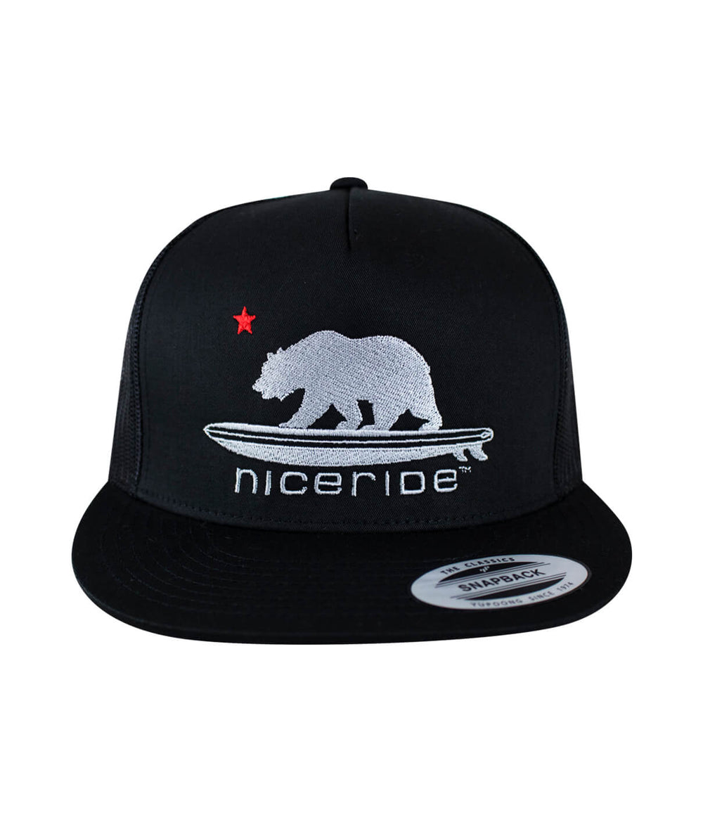 Hang 20 Trucker Hat featuring NICERIDE's bear logo, a stylish hat for outdoor enthusiasts.