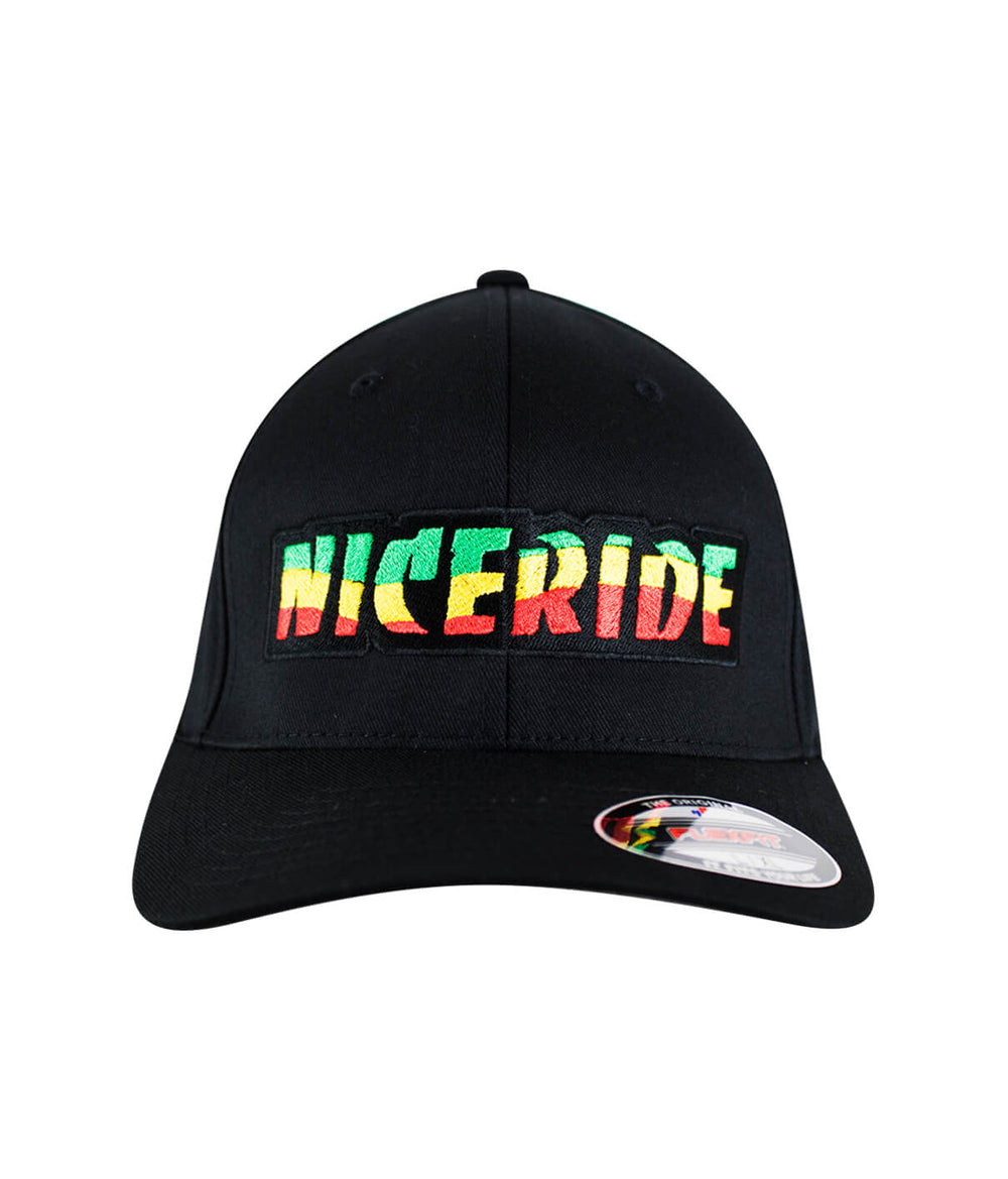 Island Vibe Classic Flexfit hat with NICERIDE logo embroidered in rasta colors on front.