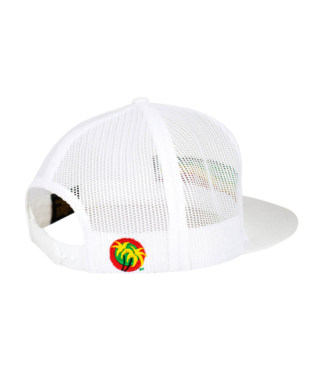 Back view of the "Island Vibe" hat, a white trucker cap featuring a colorful palm logo and mesh design.