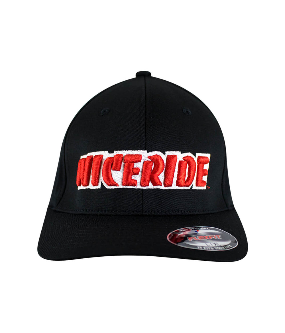 Black NICERIDE 'Bold' Classic Flexfit Hat, embroidered baseball cap for casual wear.