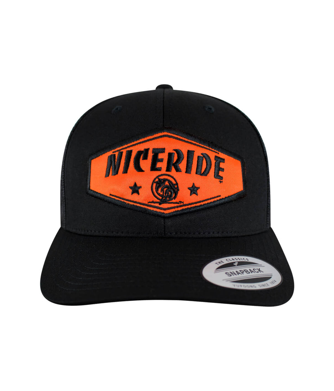 Chevron - Orange Black Retro Trucker Hat with NICERIDE patch, classic style, adjustable fit.