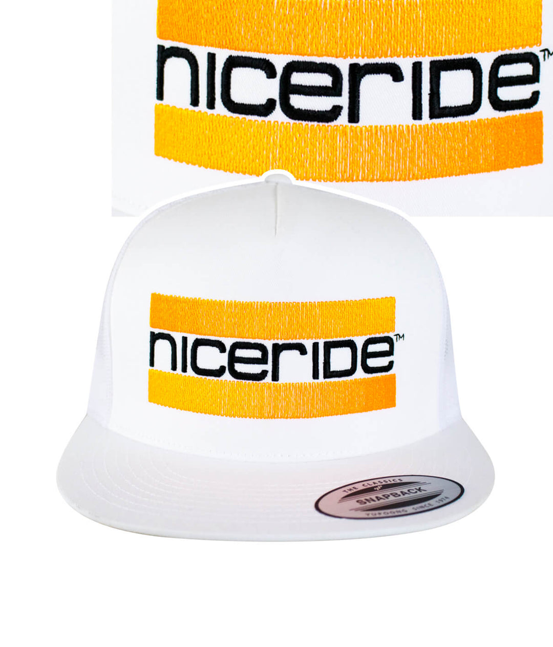 Cali Life - Orange trucker hat with NICERIDE embroidered design, showcasing a classic snapback style.