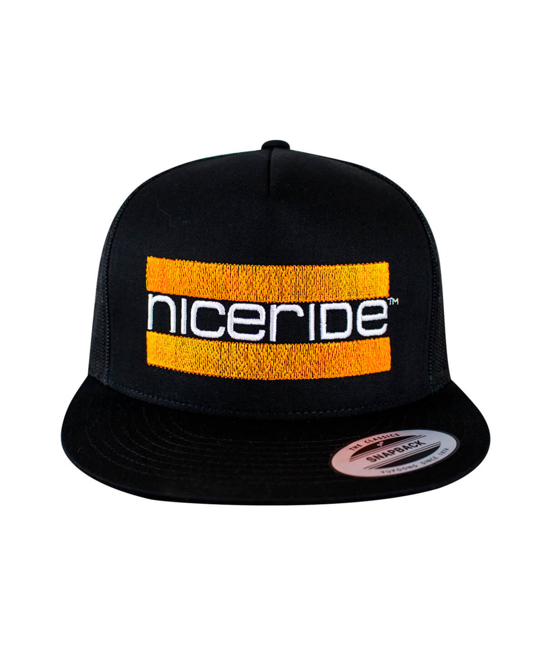 Cali Life - Orange hat featuring NICERIDE logo on a classic black snapback trucker design.