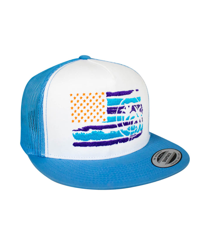 Strong Faded Trucker Hat featuring USA flag design, blue mesh, and NICERIDE embroidery, perfect for outdoor wear.