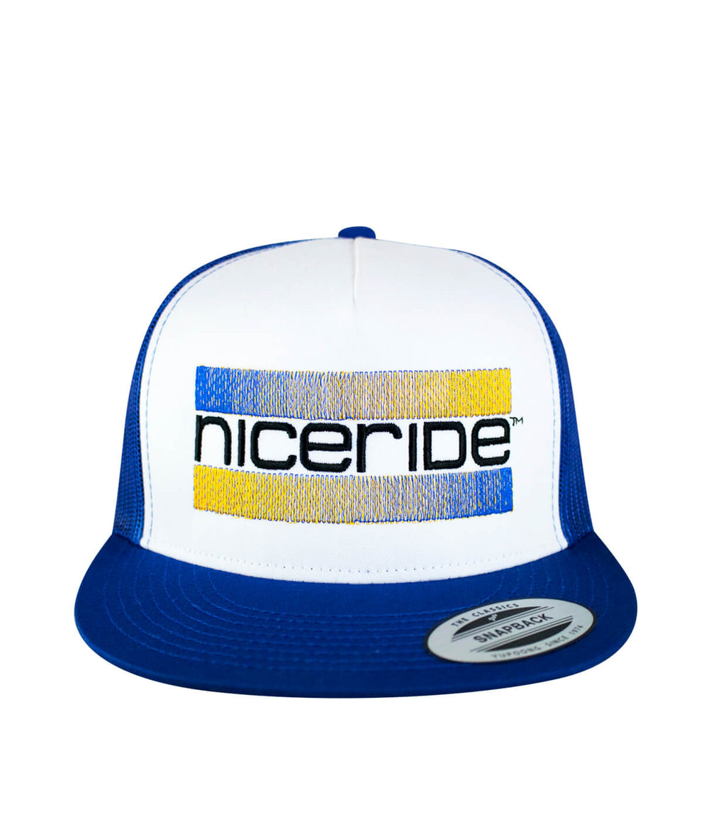 Cali Life Royal Blue Trucker Hat, classic snapback hat with NICERIDE design embroidered on front.