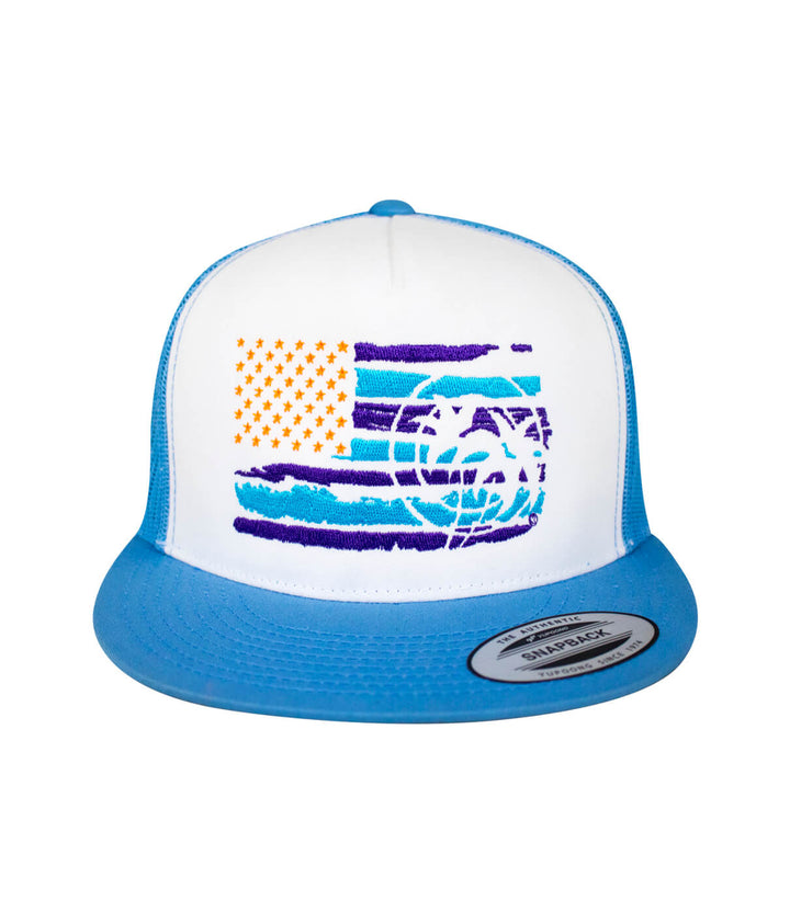 Strong Faded trucker hat featuring vibrant flag design and NICERIDE logo, perfect hat for casual outings.