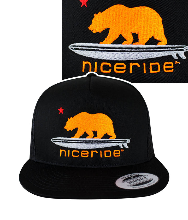 Hang 20 - Neon Orange trucker hat featuring bear and surfboard design by NICERIDE.