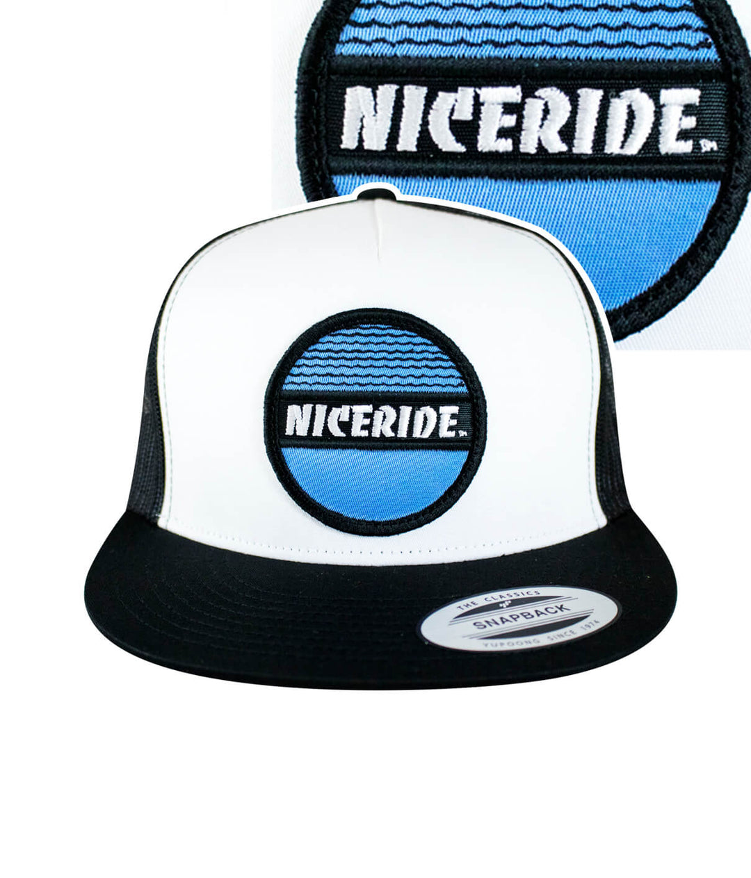 A black and white trucker hat with a patch on the front of it.