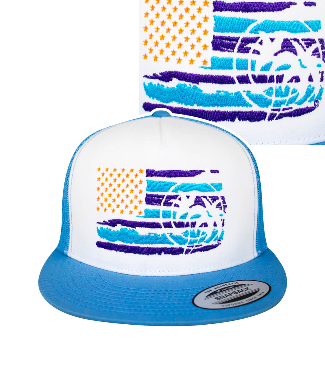 Strong Faded Trucker Hat featuring vibrant embroidered design and blue brim.