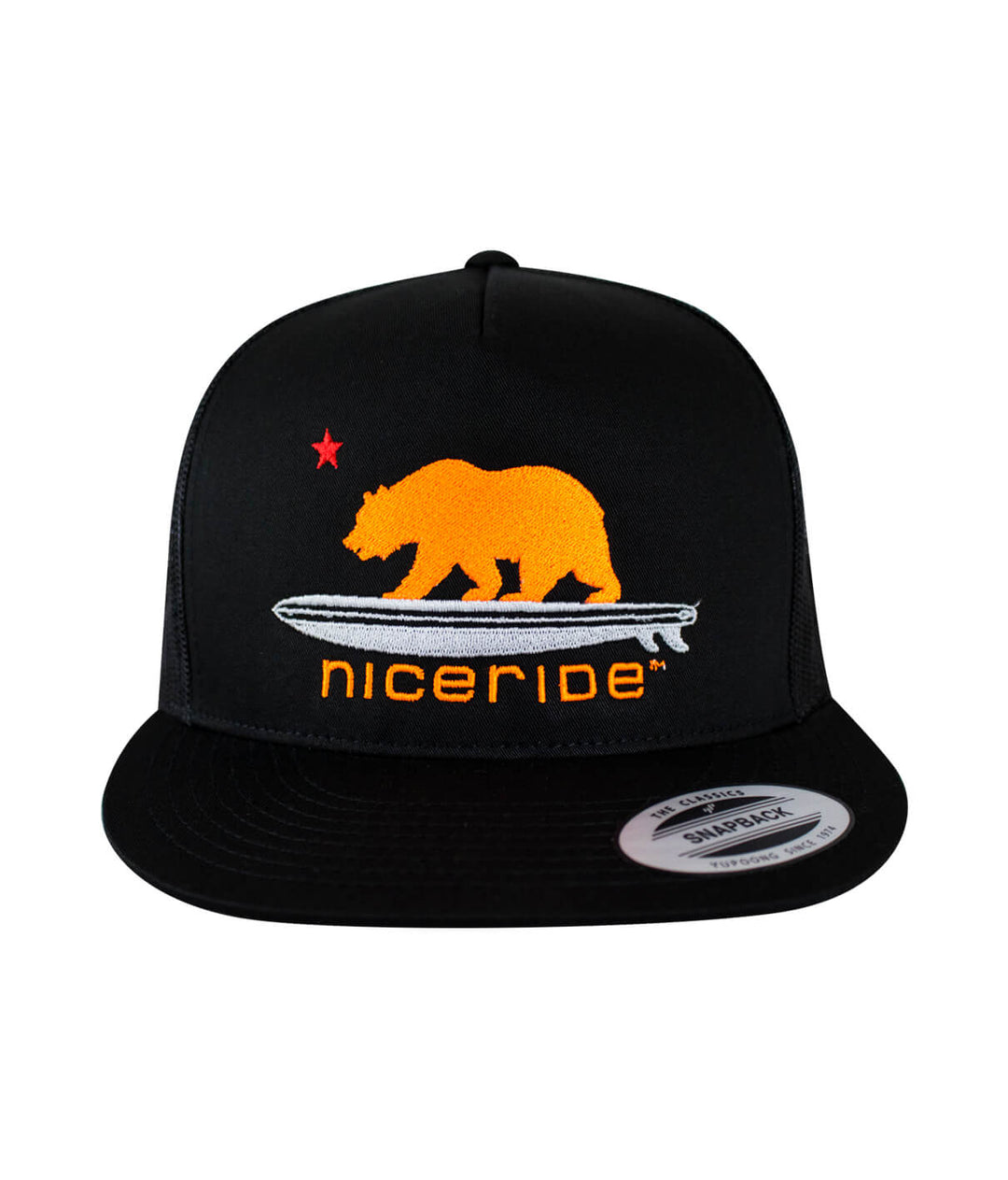 Hang 20 Neon Orange trucker hat with bear and surfboard design, classic snapback style.