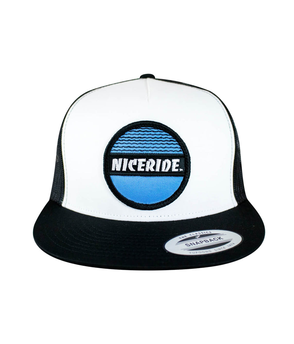 Tuna Can Unisex Style Trucker Hat featuring NICERIDE embroidery, mesh back, and plastic snap closure, perfect hat for any occasion.