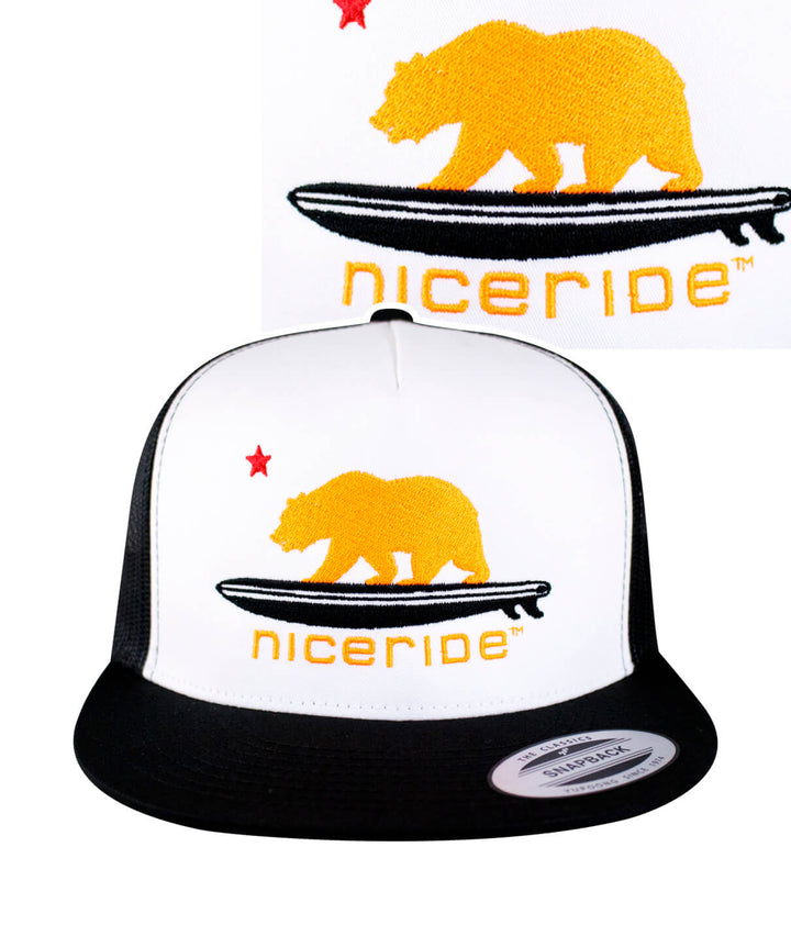 Hang 20 trucker hat with neon orange bear and NICERIDE logo, a stylish hat for outdoor enthusiasts.