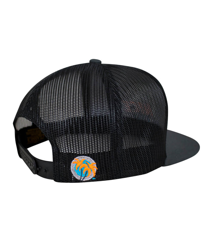 Black mesh back of the "Choo Choo" trucker hat showcasing palm logo, perfect for casual wear and outdoor activities.