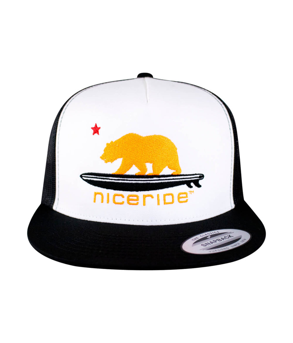 Hang 20 - Neon Orange trucker hat featuring NICERIDE design with bear and surfboard graphics.