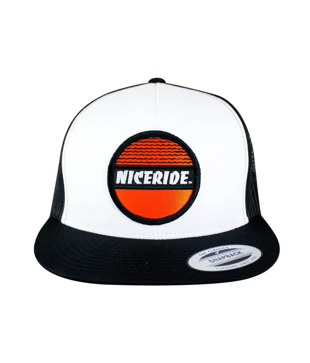 Tuna Can unisex style trucker hat featuring NICERIDE patch, black and white design, perfect summer accessory for outdoor activities.
