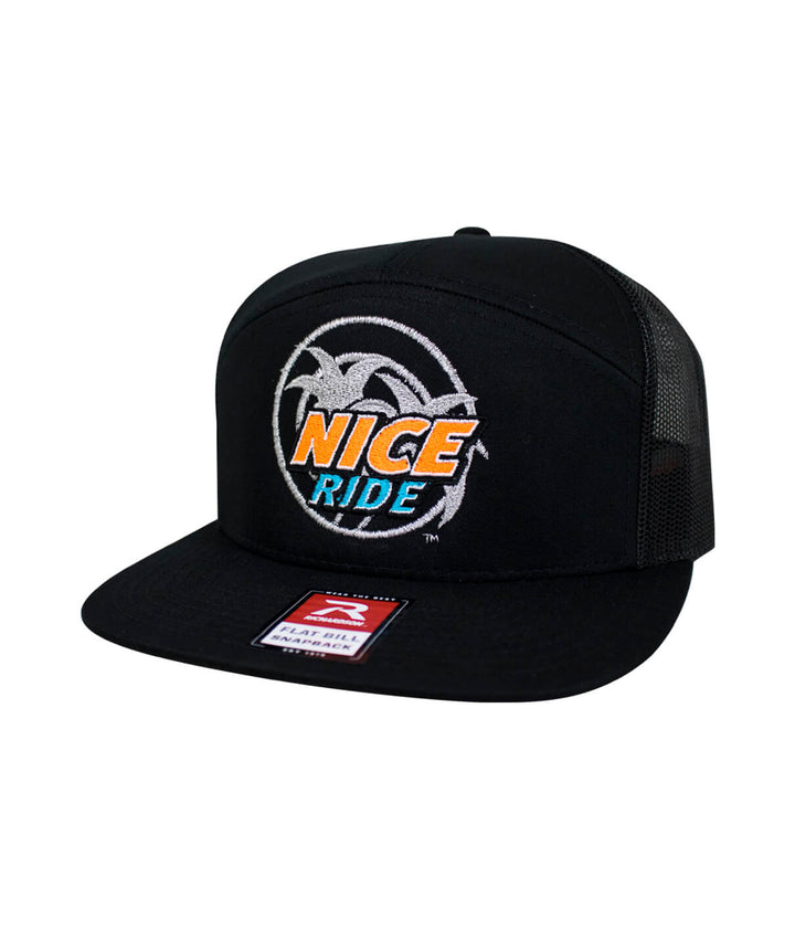 Choo Choo 7 Panel Trucker Snapback Hat for Men and Women with NICERIDE design embroidered on the front.