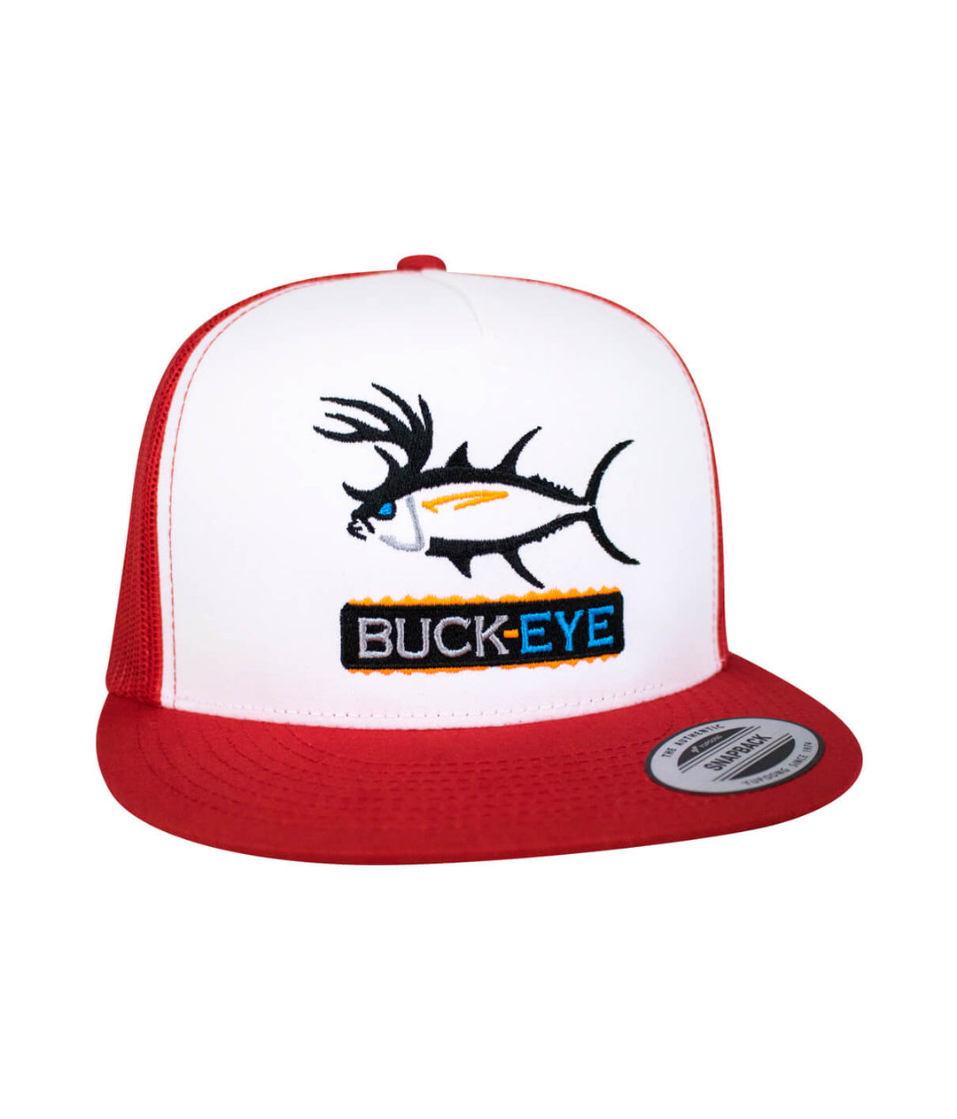 "Buck-Eye Pill" Unisex Snapback Trucker Hat featuring embroidered fish design and lettering, perfect fishing hat for men and women.