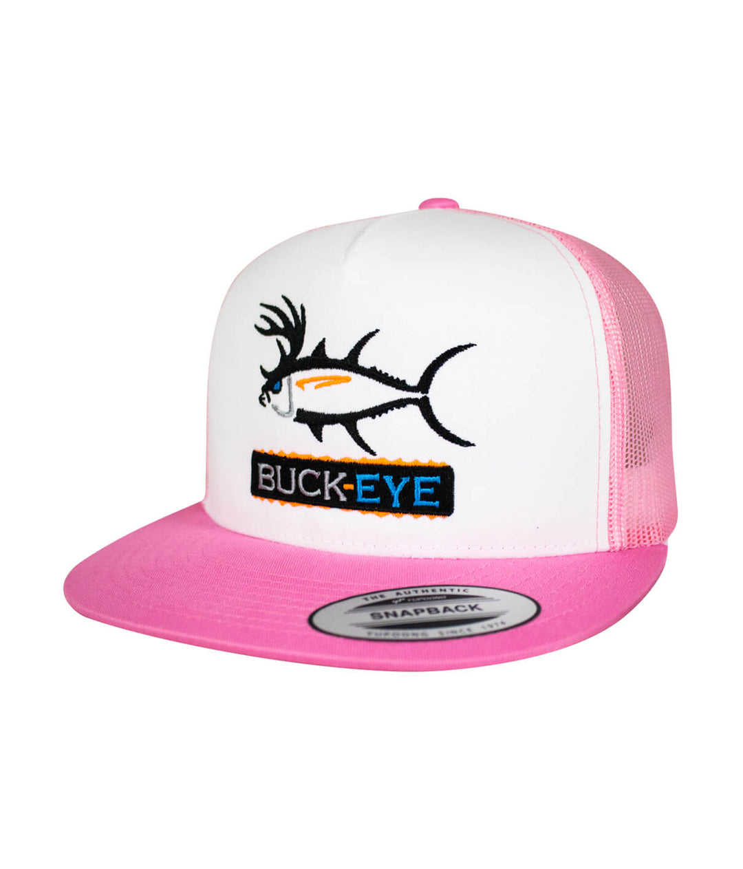 "Buck-Eye Pill" unisex snapback trucker hat with fish embroidery and pink brim, perfect for outdoor activities and fishing.
